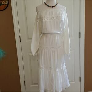 Vintage circa 1978 Bohemian Crochet Panels and Woven Cotton blend Midi Dress SzS